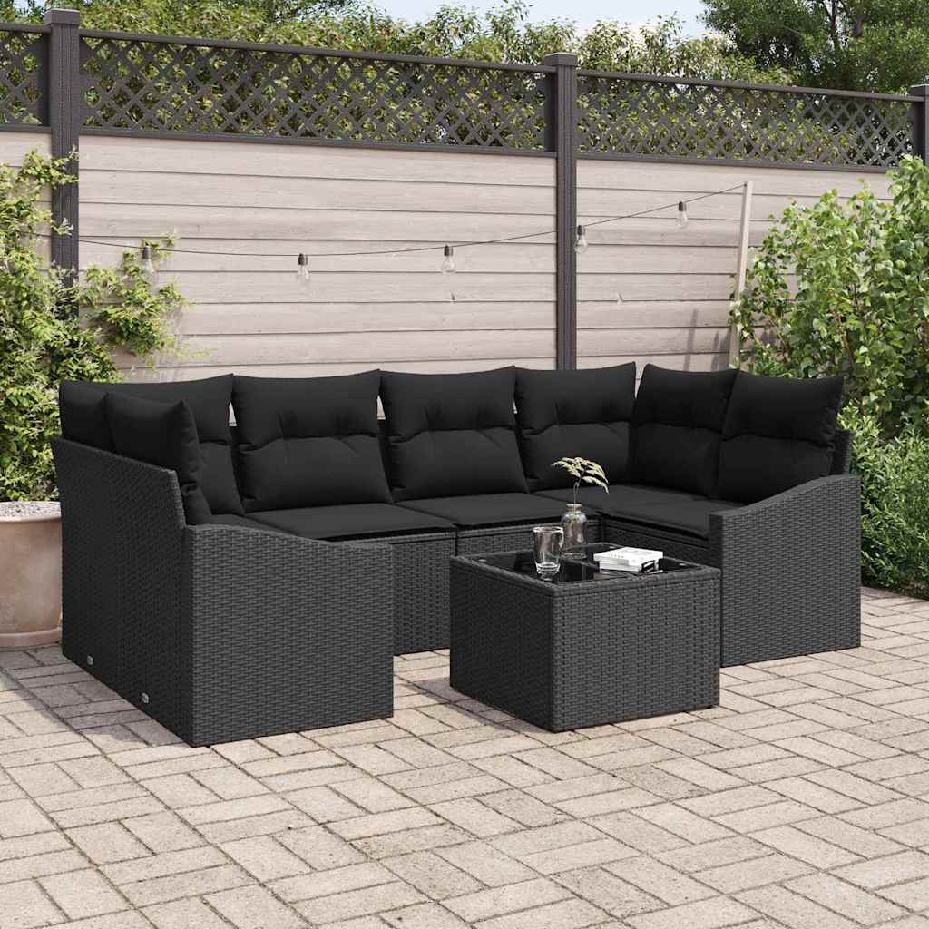 Bankstel met kussen met kussen 7 pcs Zwart poly rattan
