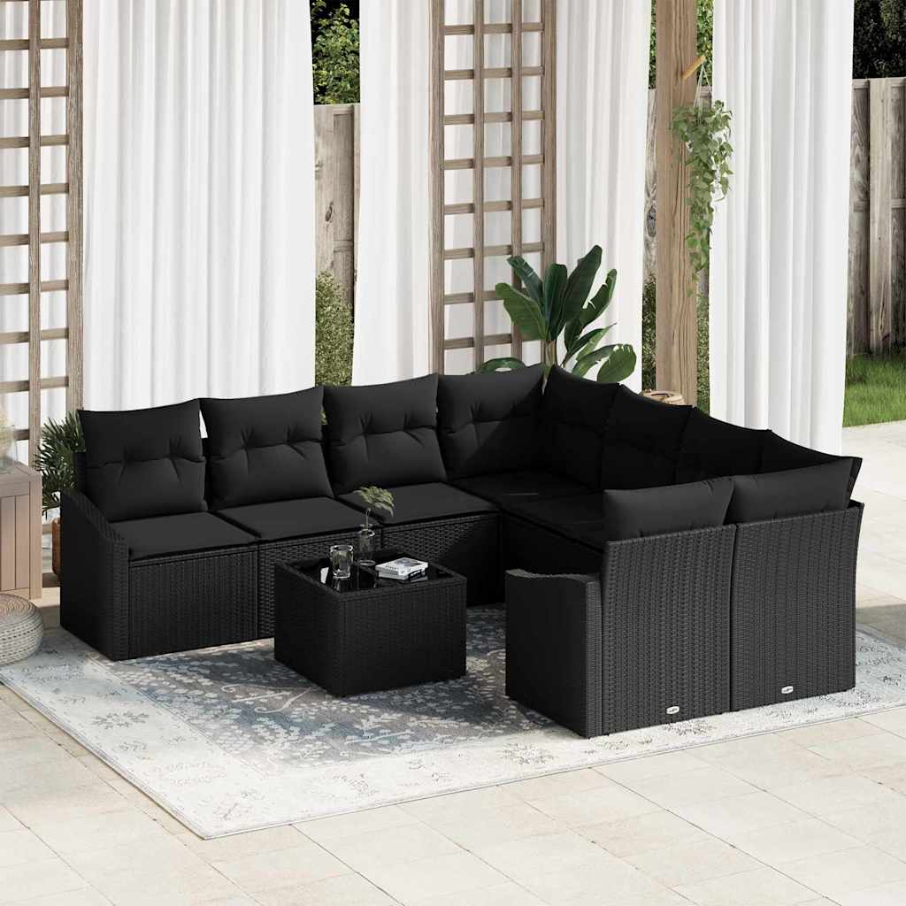 Bankstel met kussen met kussen 9 pcs Zwart poly rattan