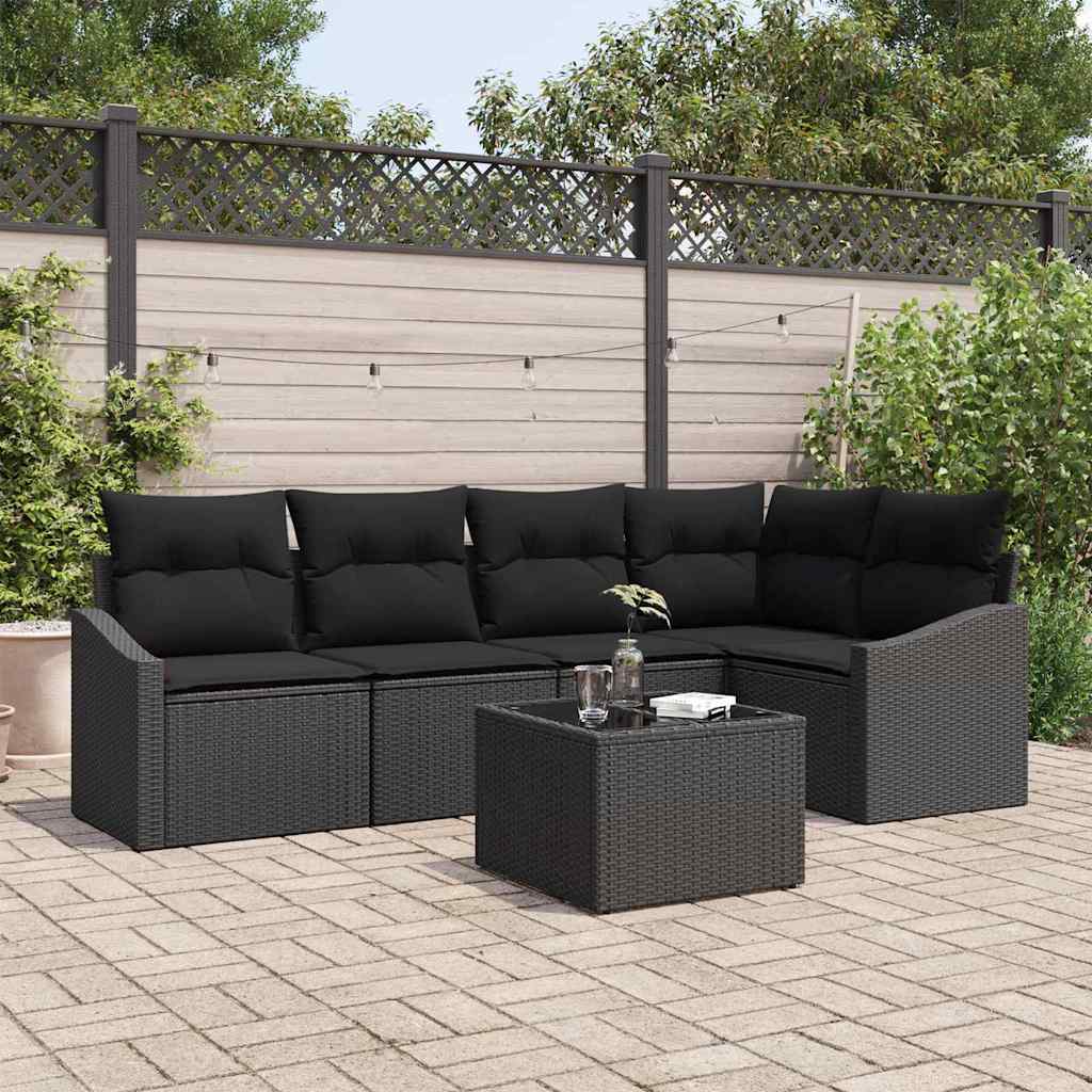 Bankstel met kussen 6 pcs Zwart poly rattan – afbeelding 1