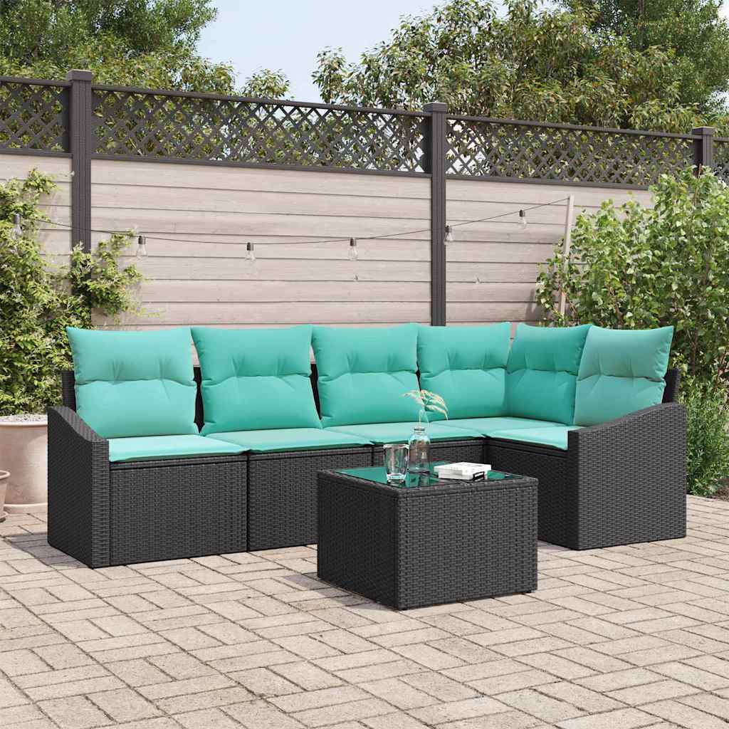 Bankstel met kussen 6 pcs Zwart poly rattan