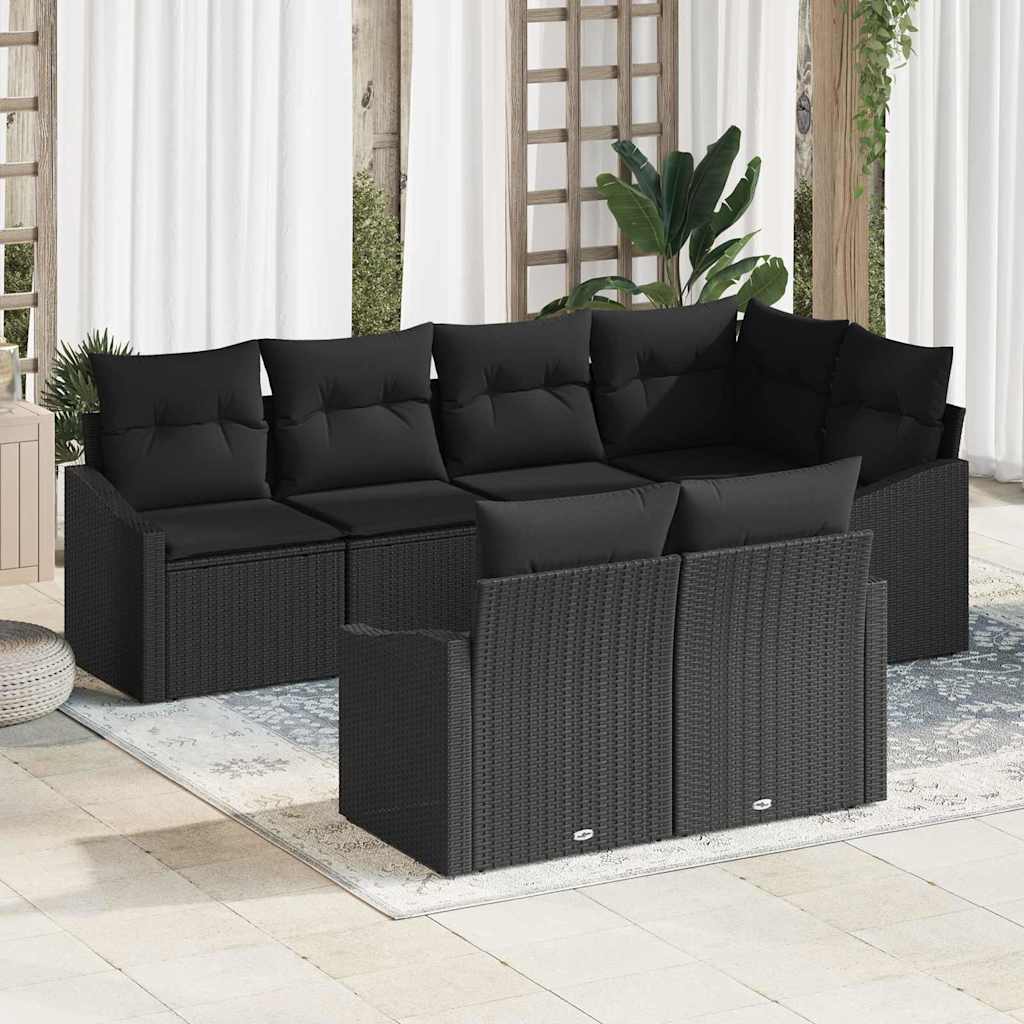 Bankstel met kussen 7 pcs Zwart poly rattan – afbeelding 1