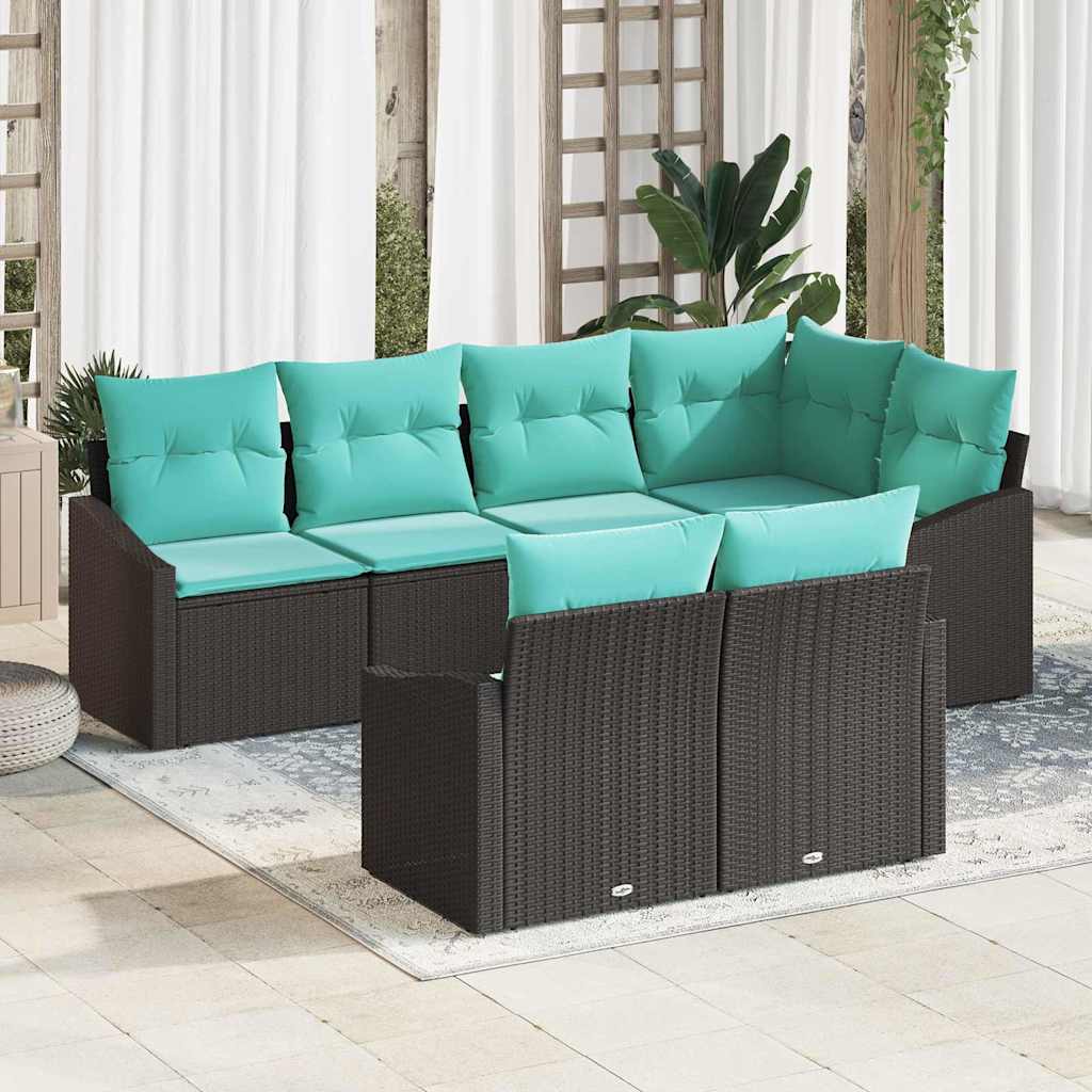 Bankstel met kussen 7 pcs Zwart poly rattan – afbeelding 1