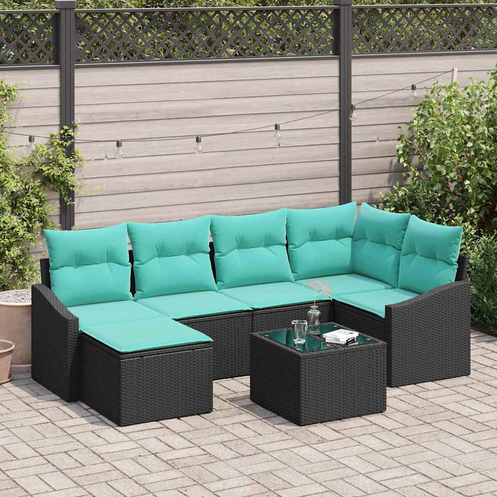 Bankstel met kussen 7 pcs Zwart poly rattan – afbeelding 1