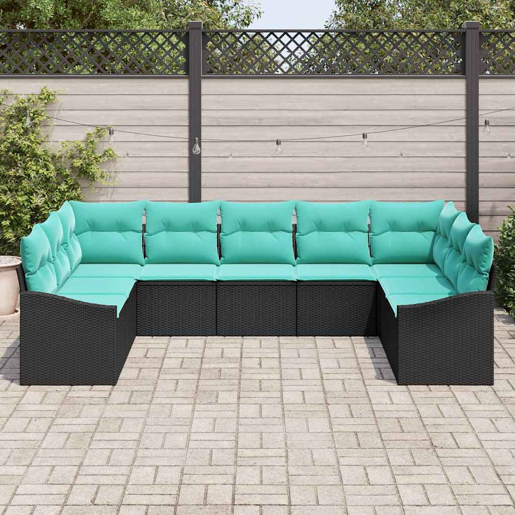 Bankstel met kussen 9 pcs Zwart poly rattan – afbeelding 1