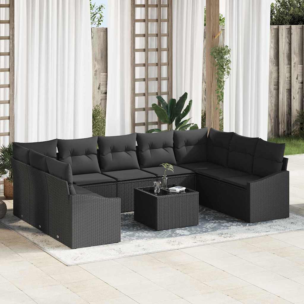 Bankstel met kussen 10 pcs Zwart poly rattan – afbeelding 1