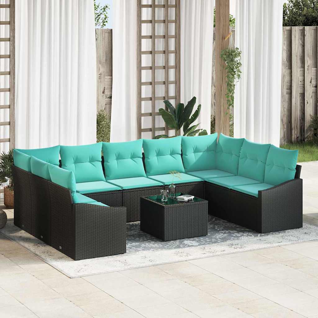 Bankstel met kussen 10 pcs Zwart poly rattan – afbeelding 1