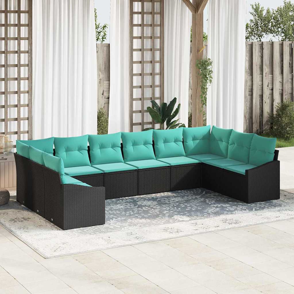 Bankstel met kussen 10 pcs Zwart poly rattan – afbeelding 1