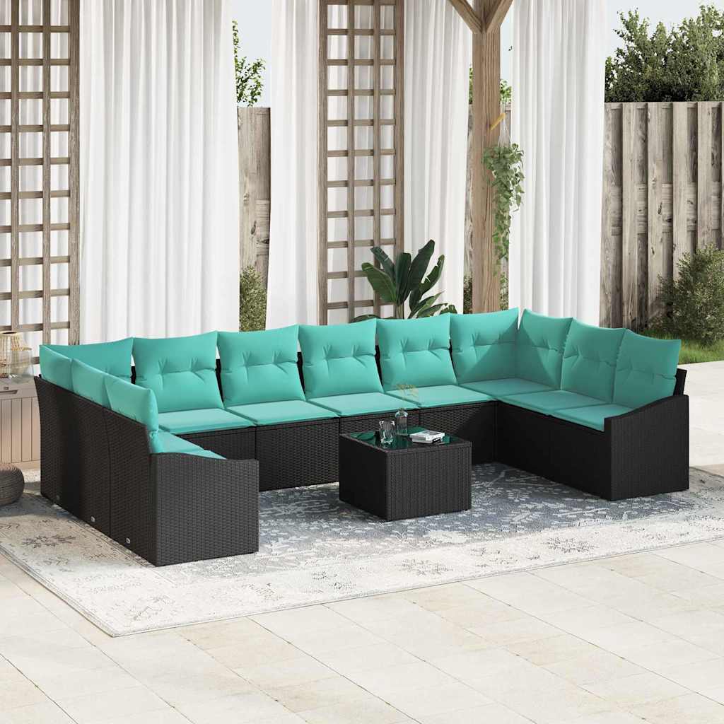 Bankstel met kussen 11 pcs Zwart poly rattan – afbeelding 1