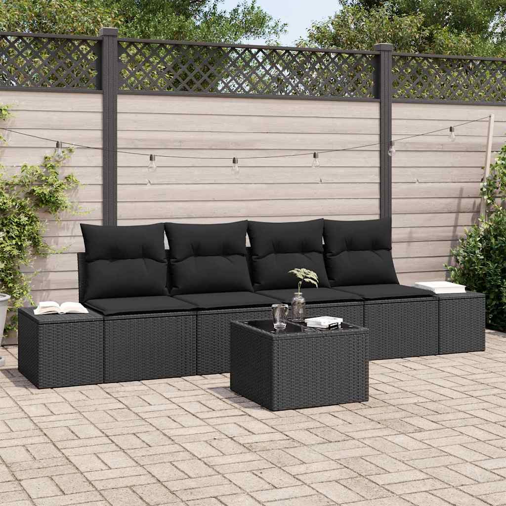 Bankstel met kussen met kussen 5 pcs Zwart poly rattan