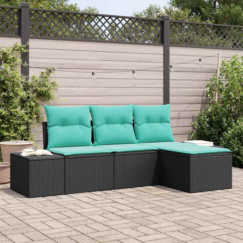 Bankstel met kussen 4 pcs Zwart Poly Rattan – afbeelding 1
