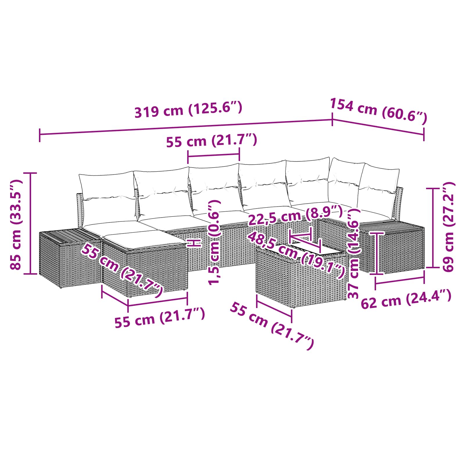 Tuin Sofa Set met kussen 8 pcs Zwart poly rattan – afbeelding 10