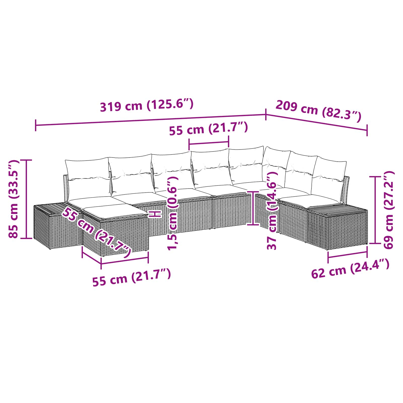 Tuin Sofa Set met kussen 8 pcs Zwart poly rattan – afbeelding 9
