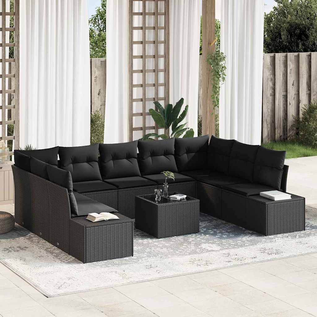 Tuin Sofa Set met kussen 10 pcs Zwart poly rattan – afbeelding 1