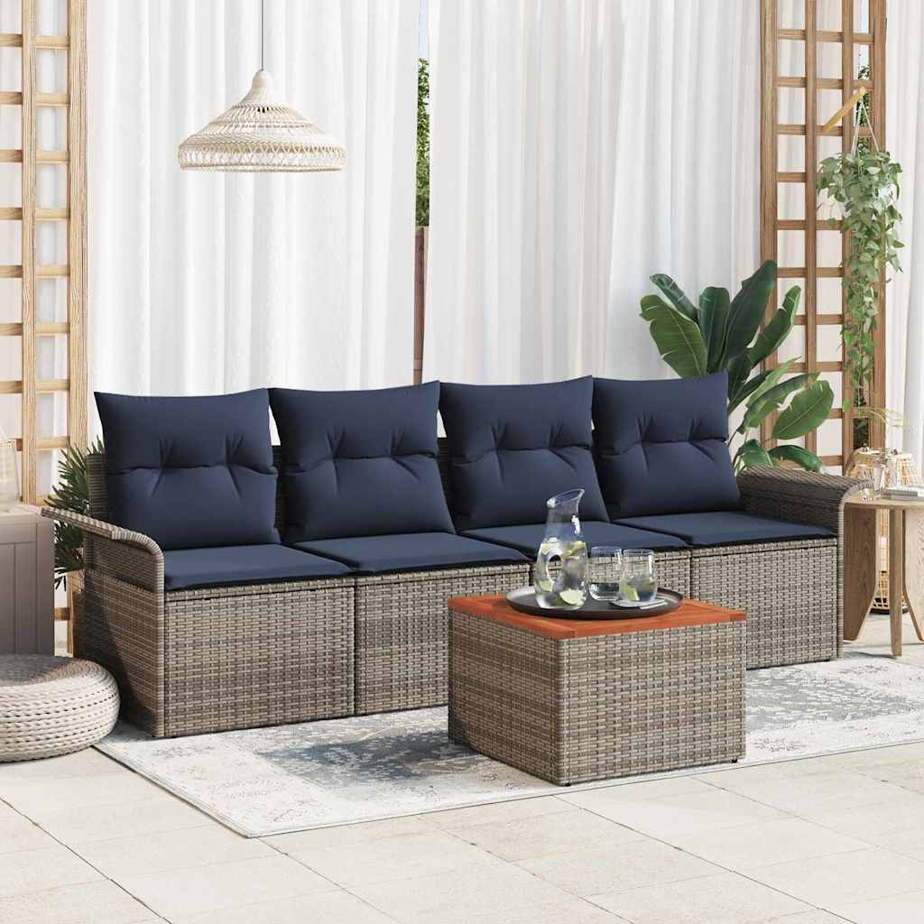 Tuinbankenset met kussen 5 pcs Grijs poly rattan – afbeelding 1
