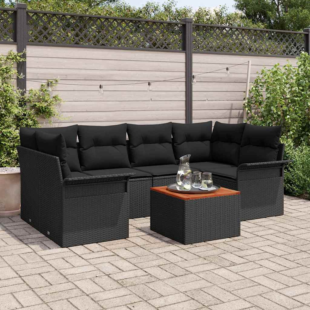 Tuinbankenset met kussen 7 pcs Zwart poly rattan – afbeelding 1