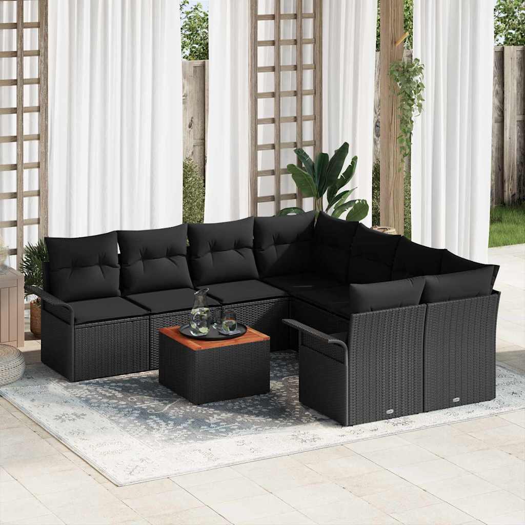 Tuinbankenset met kussen 9 pcs Zwart poly rattan – afbeelding 1