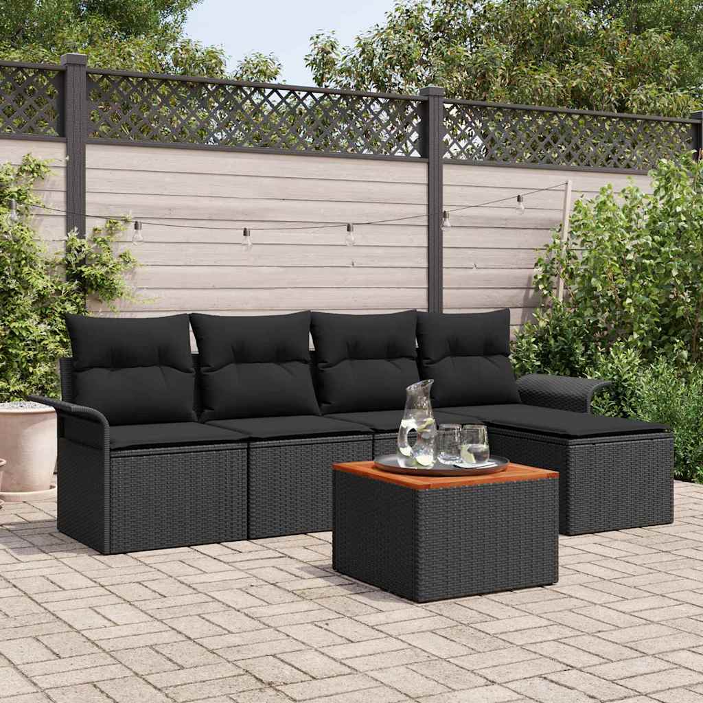Tuinbankenset met kussen 6 pcs Zwart poly rattan – afbeelding 1