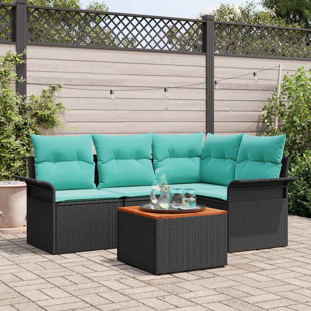 Tuinbankenset met kussen 5 pcs Zwart poly rattan – afbeelding 1