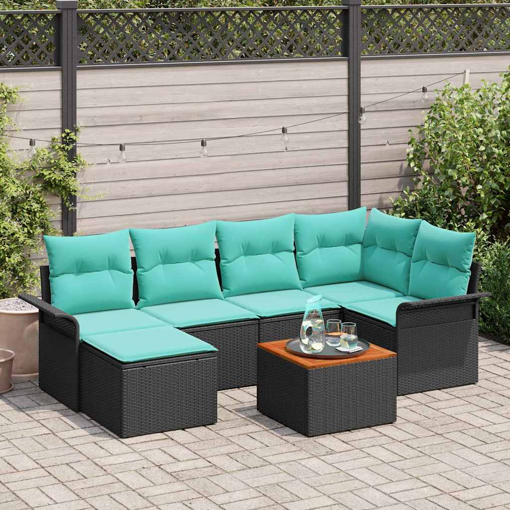 Tuinbankenset met kussen 7 pcs Zwart poly rattan – afbeelding 1