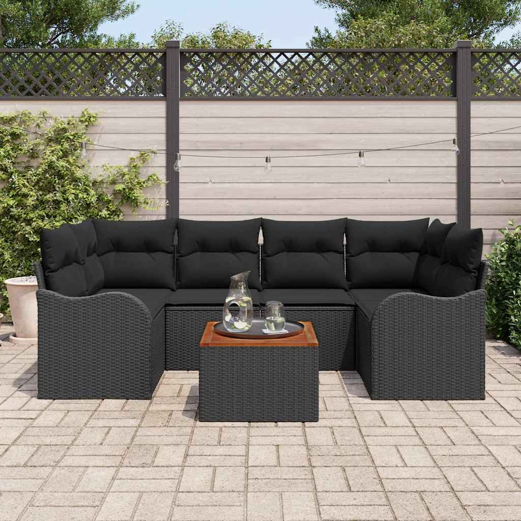 Tuinbankenset met kussen 7 pcs Zwart poly rattan – afbeelding 1