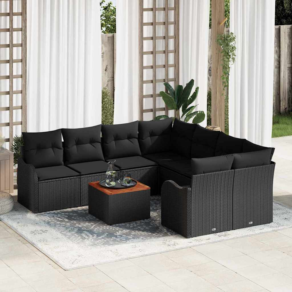 Tuinbankenset met kussen 9 pcs Zwart poly rattan – afbeelding 1