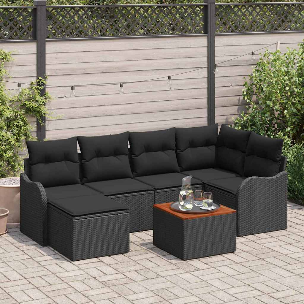 Tuinbankenset met kussen 7 pcs Zwart poly rattan – afbeelding 1