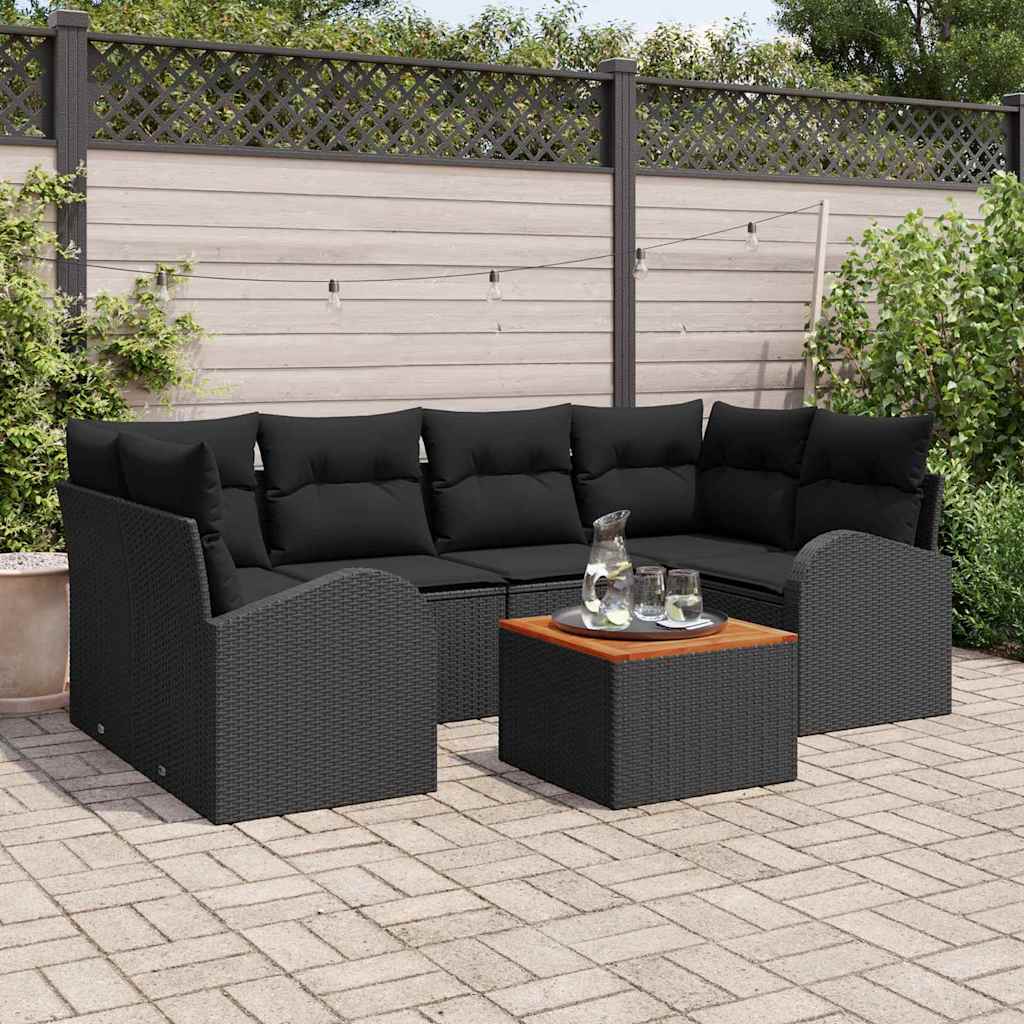 Tuinbankenset met kussen 7 pcs Zwart poly rattan – afbeelding 1
