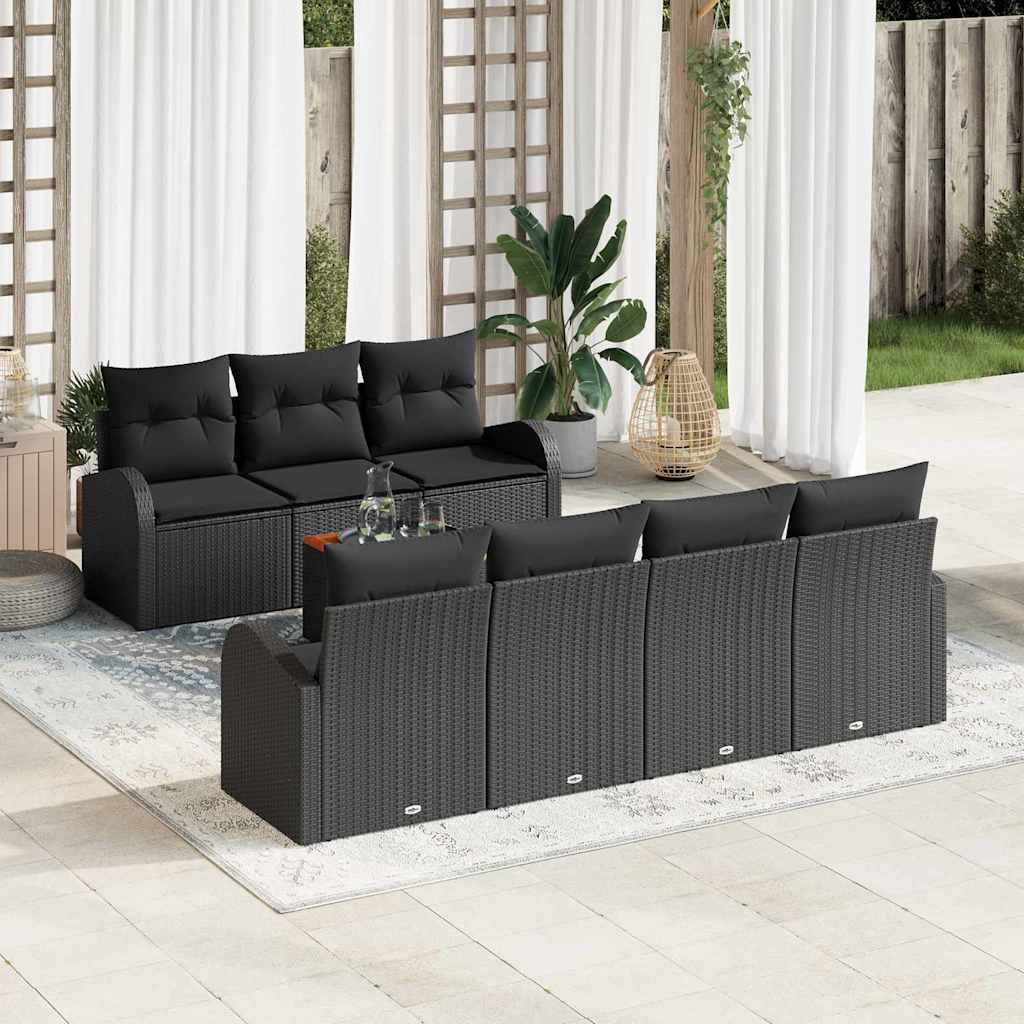 Tuinbankenset met kussen 8 pcs Zwart poly rattan – afbeelding 1