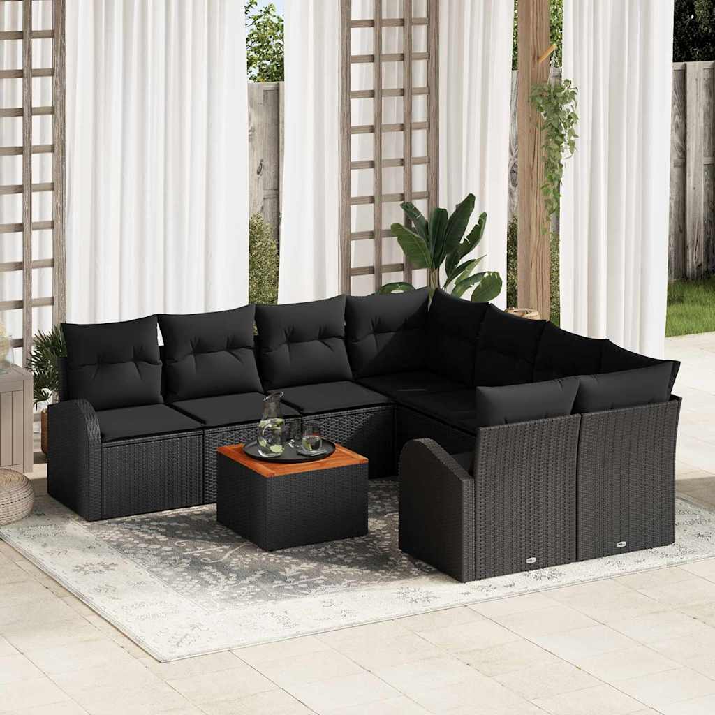 Tuinbankenset met kussen 9 pcs Zwart poly rattan – afbeelding 1