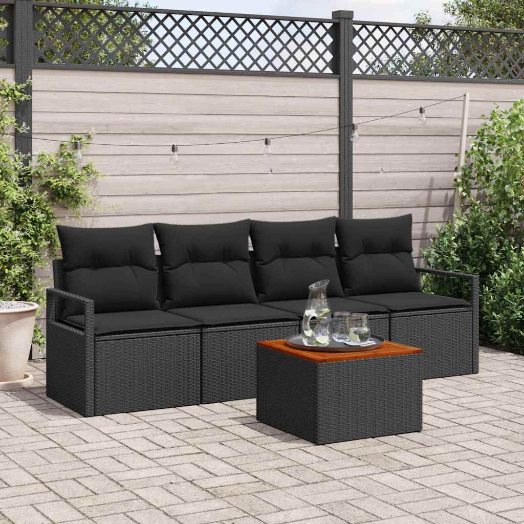 Tuinbankenset met kussen 5 pcs Zwart poly rattan – afbeelding 1
