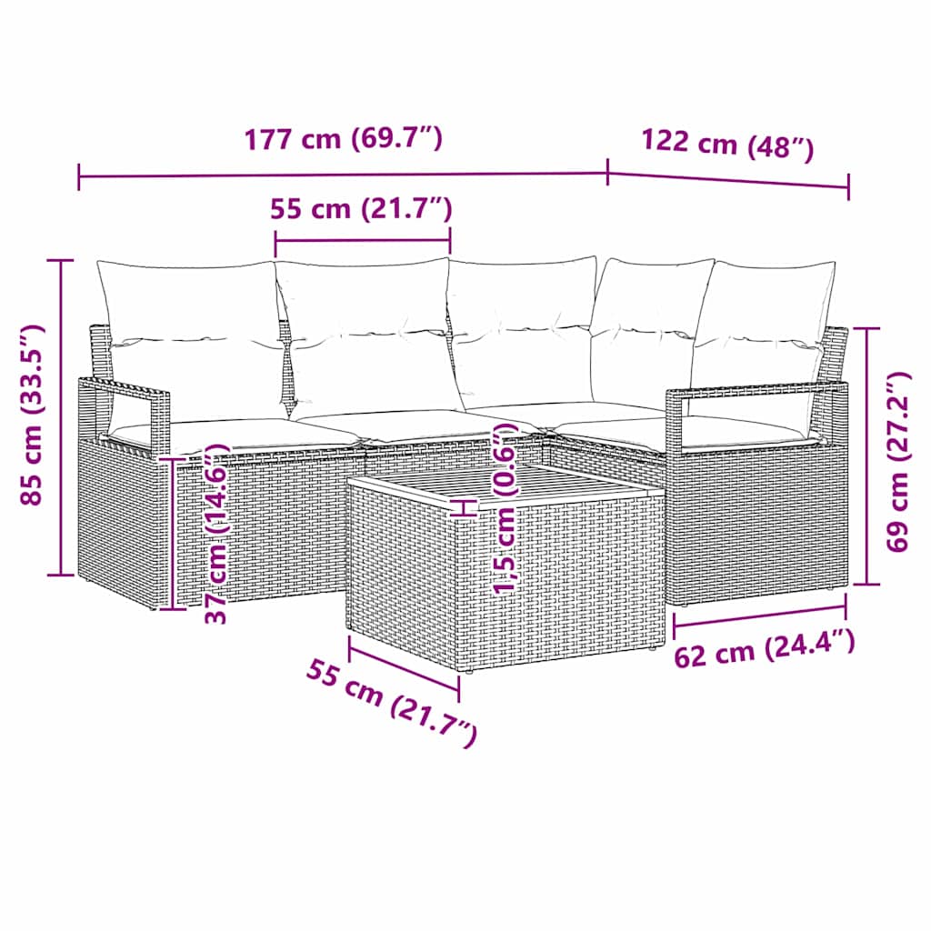 Tuinbankenset 5 st Zwart poly rattan – afbeelding 9
