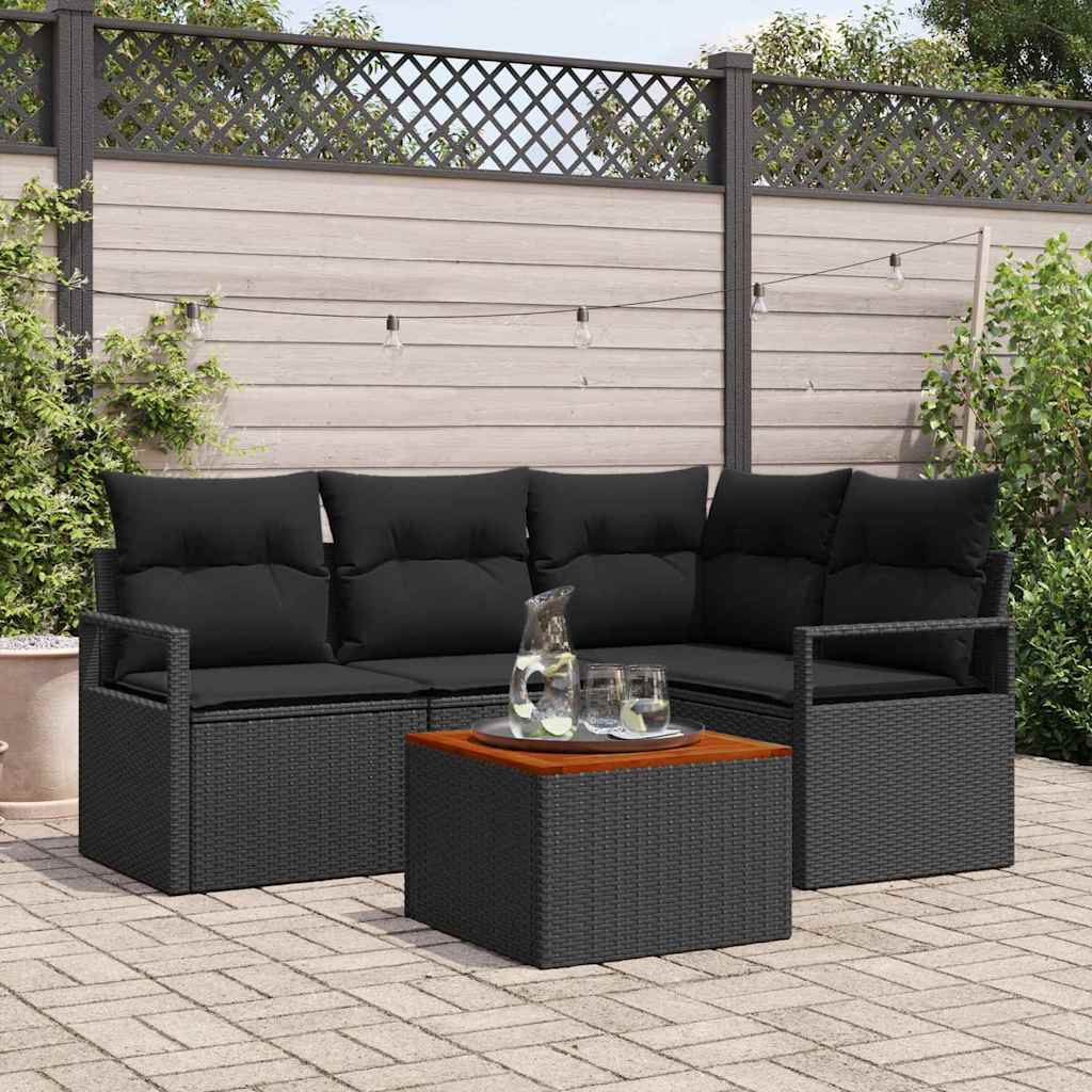 Tuinbankenset met kussen 5 pcs Zwart poly rattan – afbeelding 1