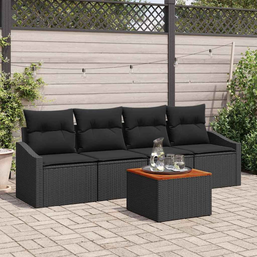 Tuinbankenset met kussen 5 pcs Zwart poly rattan – afbeelding 1