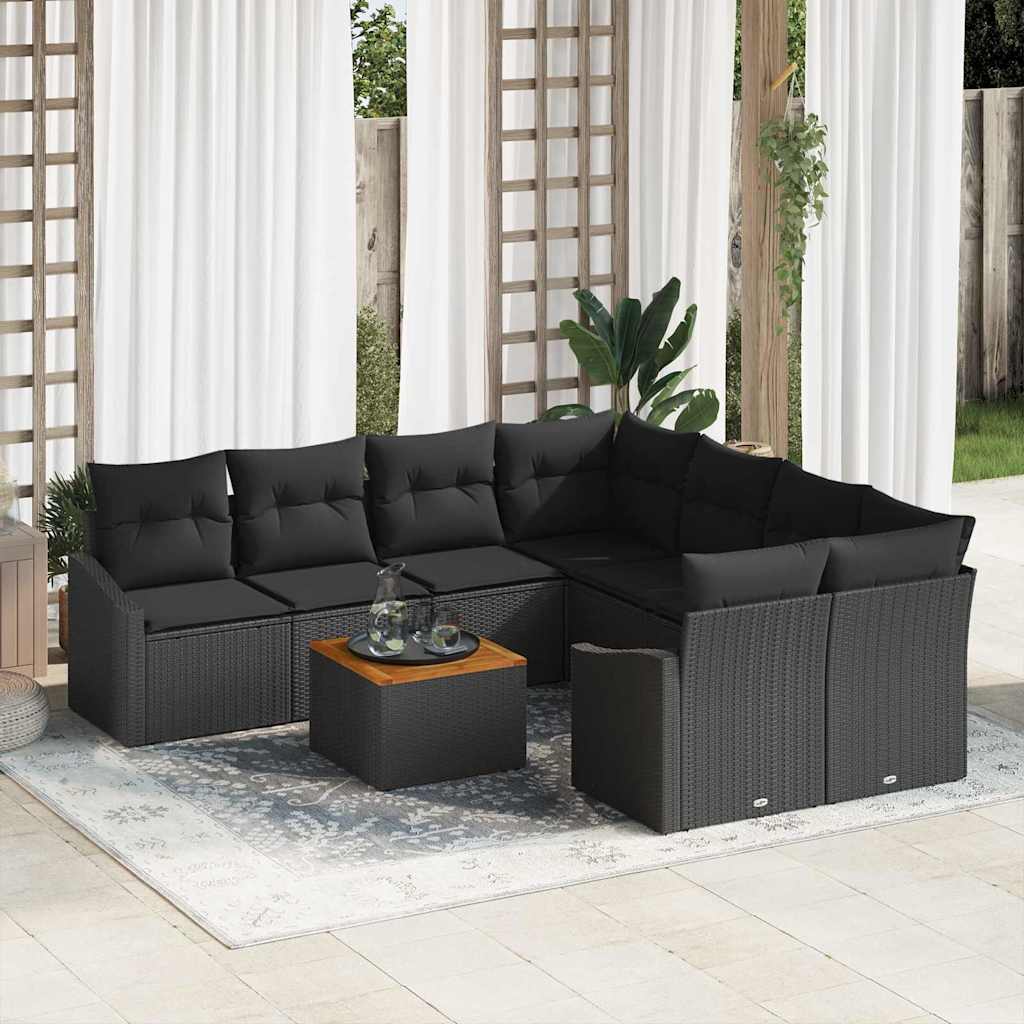 Tuinbankenset met kussen 9 pcs Zwart poly rattan – afbeelding 1