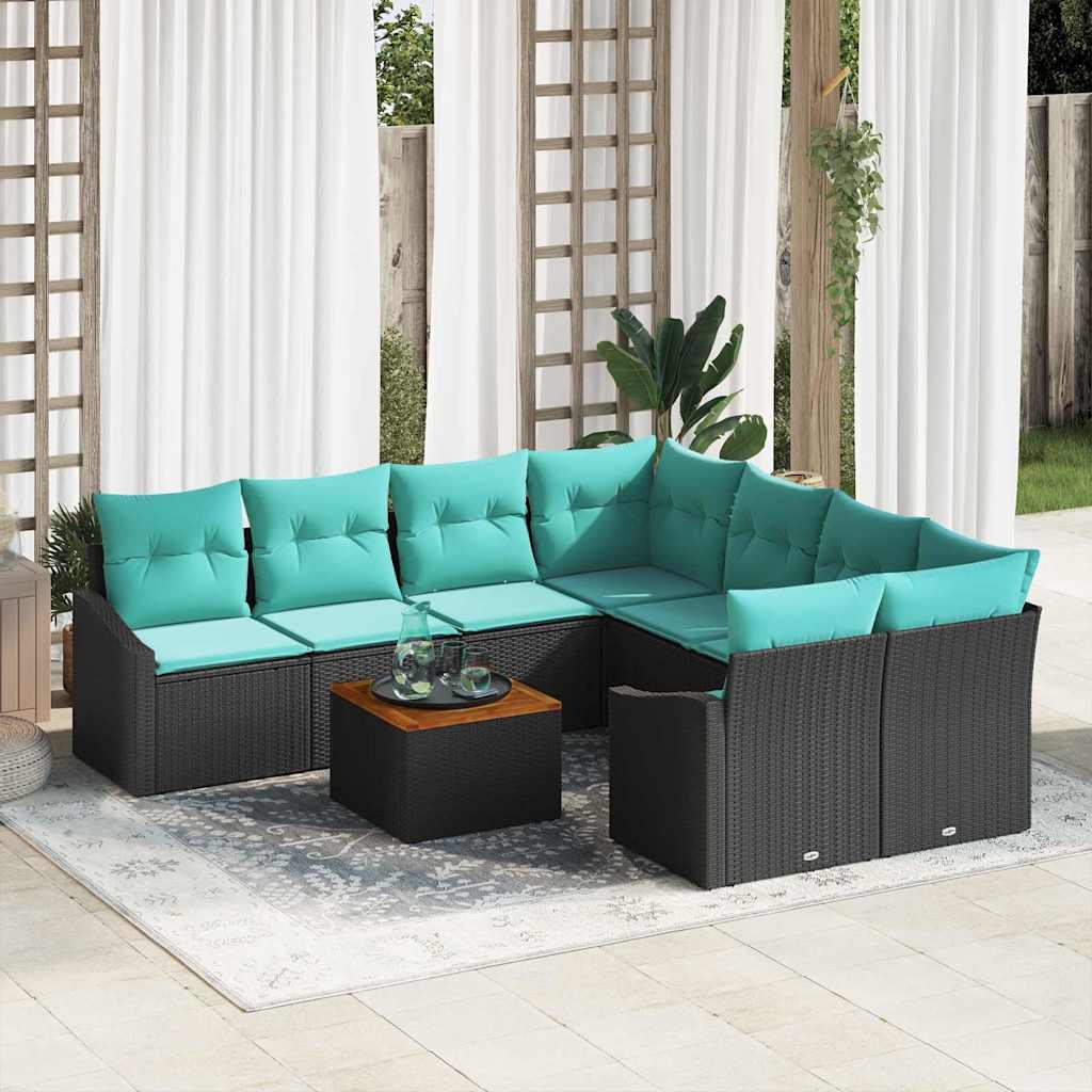 Tuinbankenset met kussen 9 pcs Zwart poly rattan – afbeelding 1
