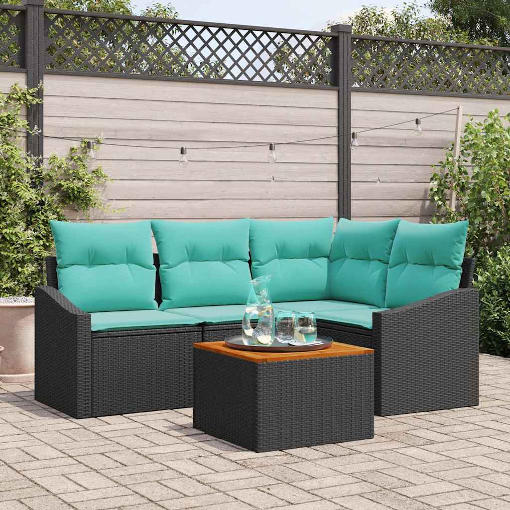Tuinbankenset met kussen 5 pcs Zwart poly rattan – afbeelding 1
