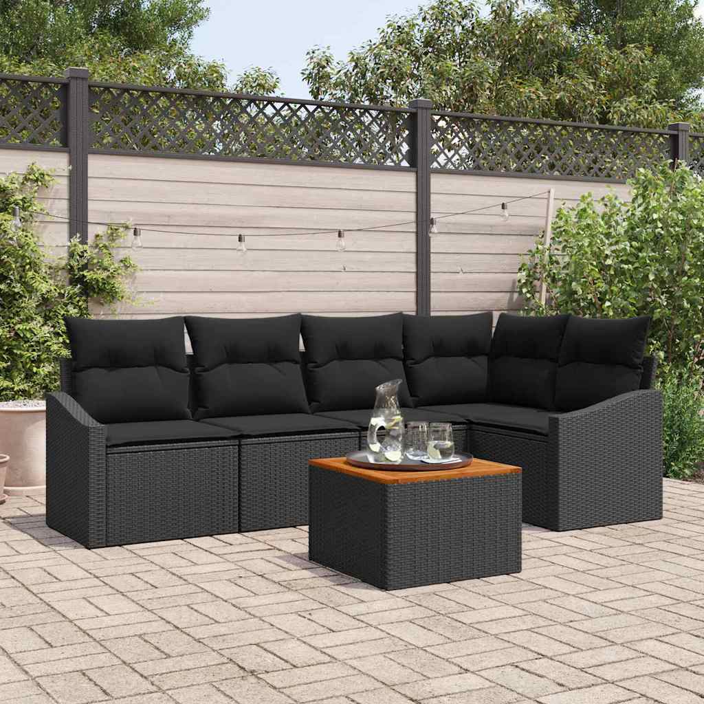 Tuinbankenset met kussen 6 pcs Zwart poly rattan – afbeelding 1