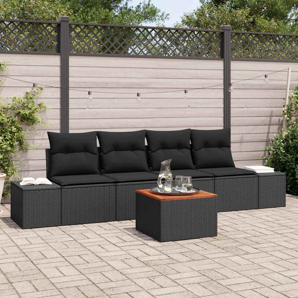 Tuinbankenset met kussen 5 pcs Zwart poly rattan – afbeelding 1
