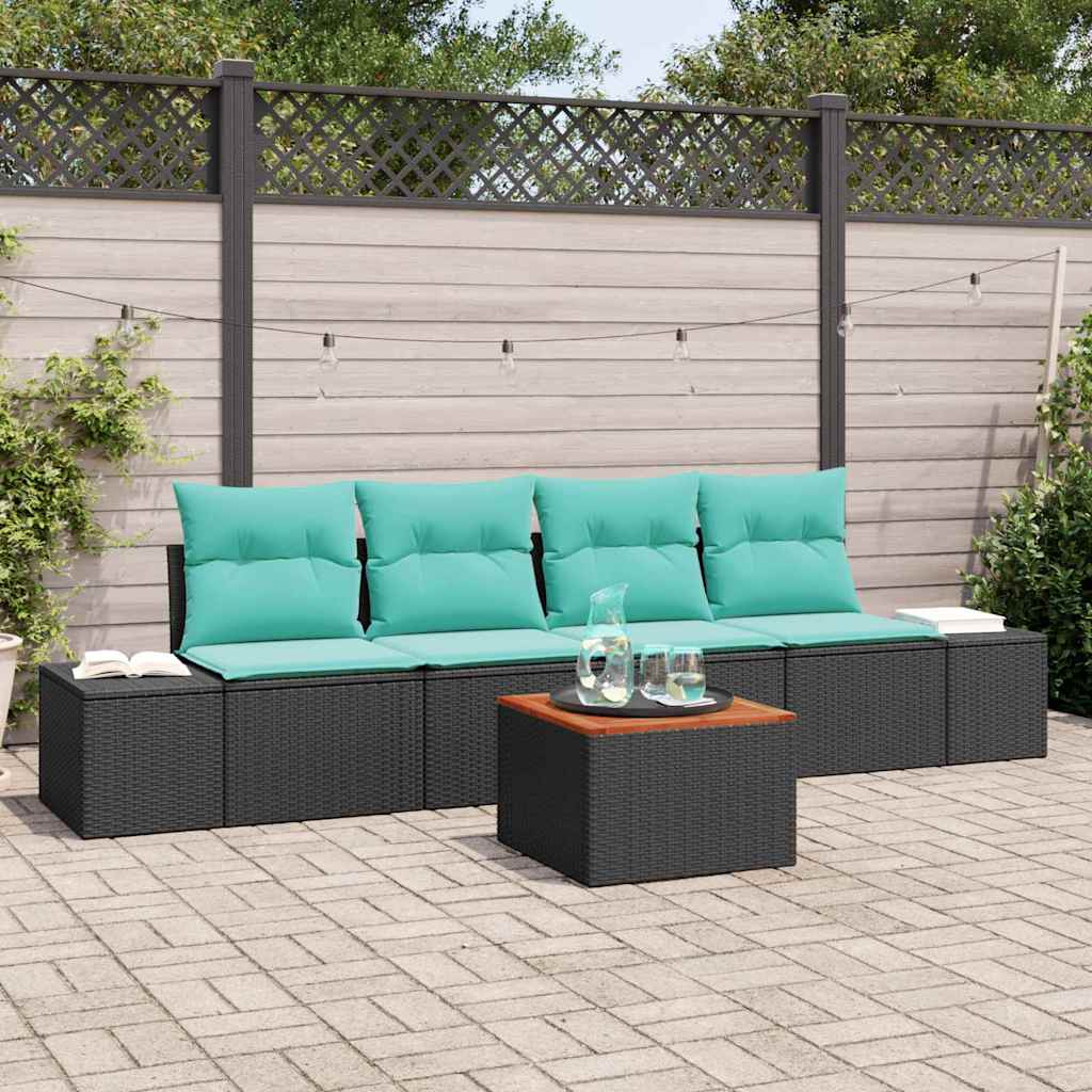 Tuinbankenset met kussen 5 pcs Zwart poly rattan – afbeelding 1