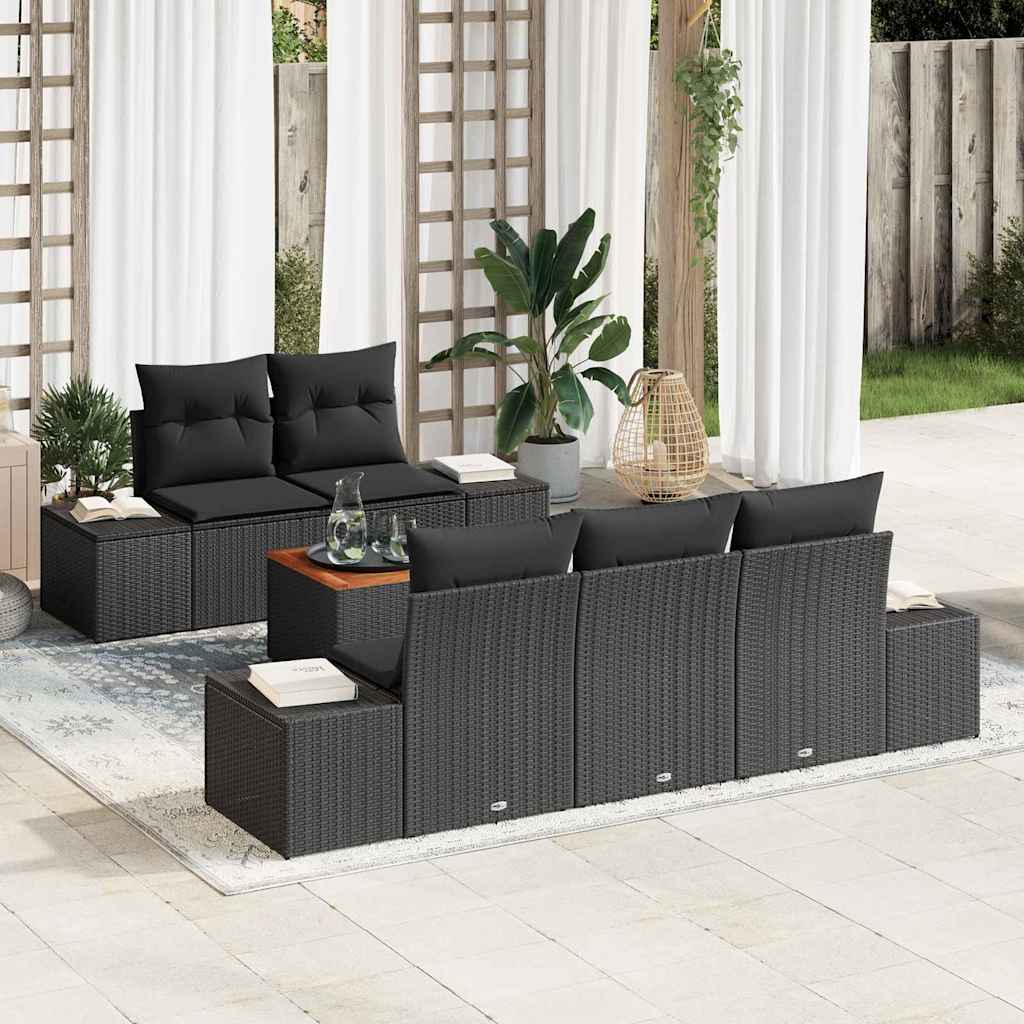Tuinbankenset met kussen 6 pcs Zwart poly rattan – afbeelding 1