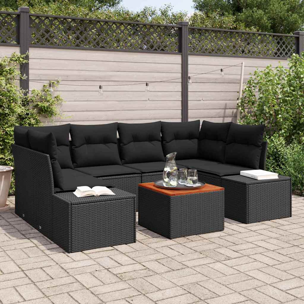 Tuinbankenset met kussen 7 pcs Zwart poly rattan – afbeelding 1