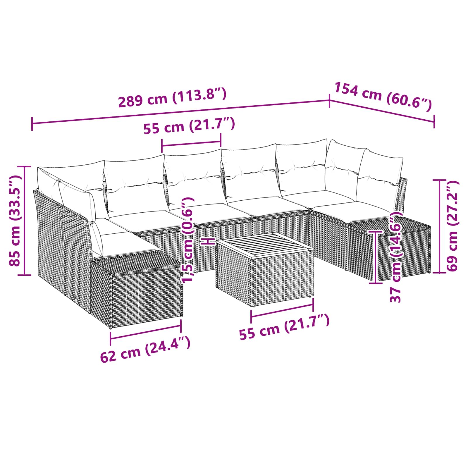 Tuinbankenset met kussen 8 pcs Zwart poly rattan – afbeelding 9