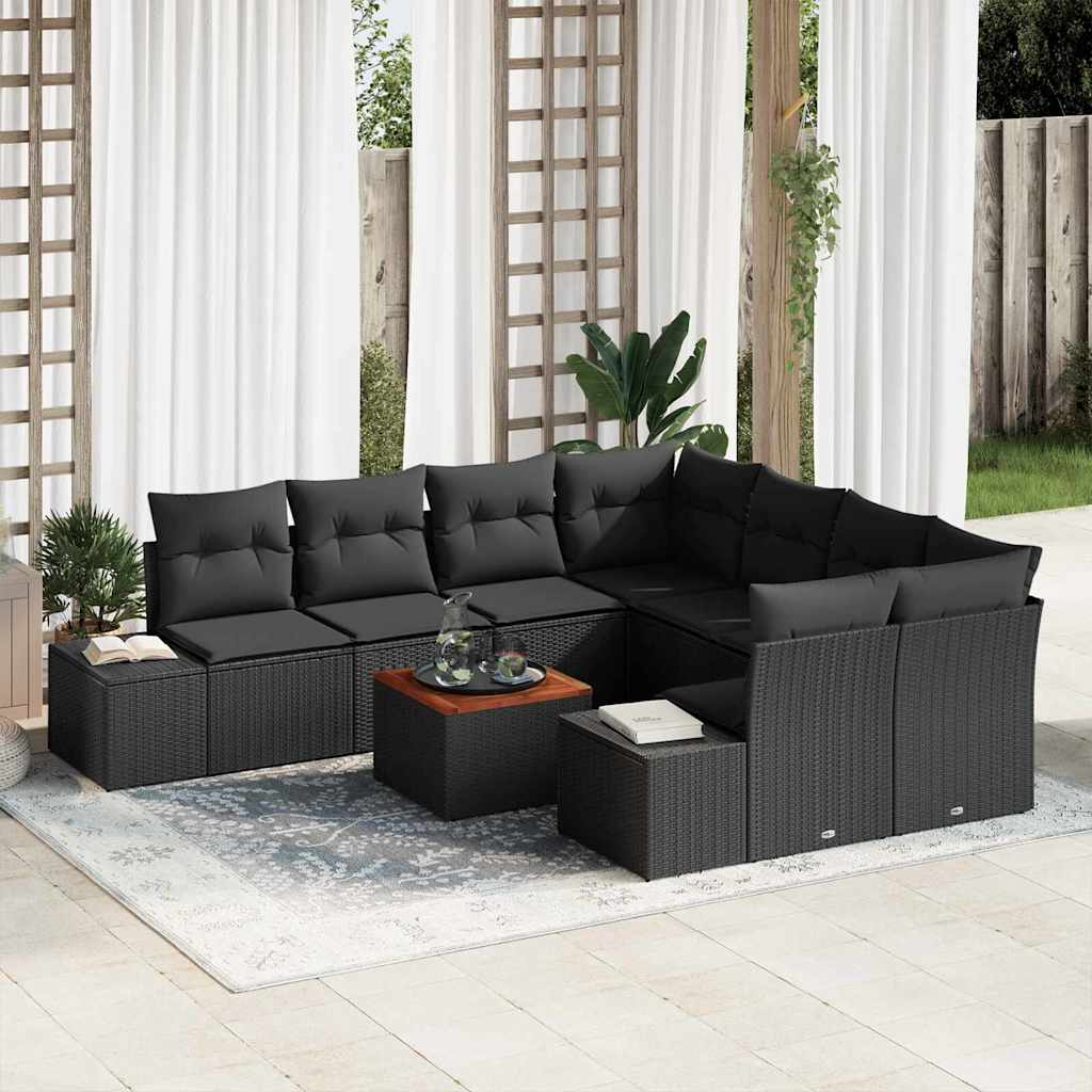Tuinbankenset met kussen 9 pcs Zwart poly rattan – afbeelding 1
