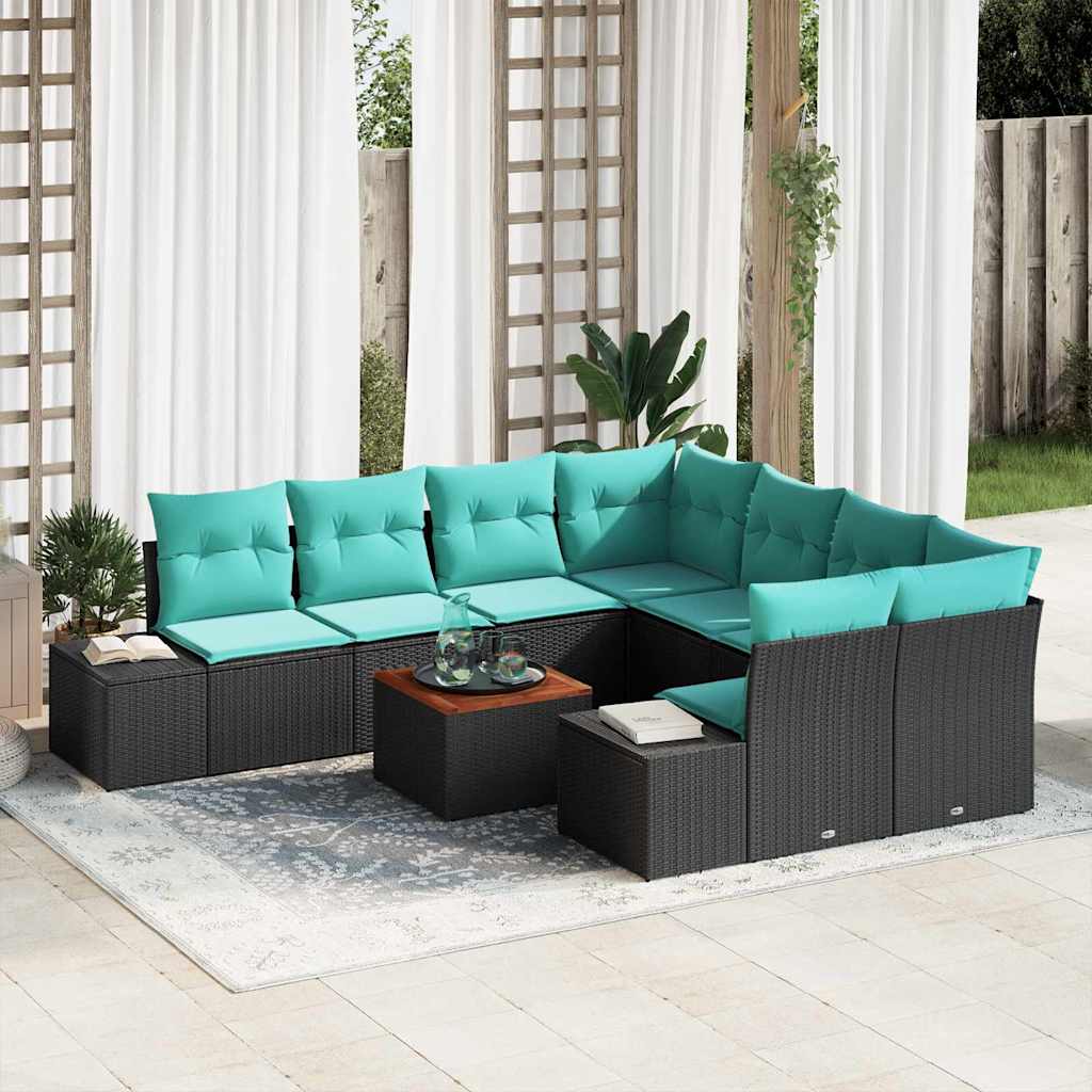 Tuinbankenset met kussen 9 pcs Zwart poly rattan – afbeelding 1