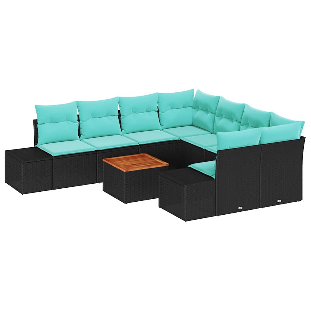 Tuinbankenset met kussen 9 pcs Zwart poly rattan – afbeelding 2
