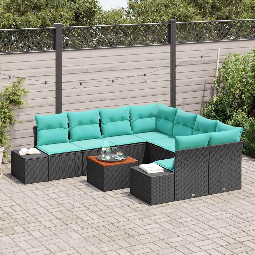 Tuinbankenset met kussen 9 pcs Zwart poly rattan – afbeelding 3
