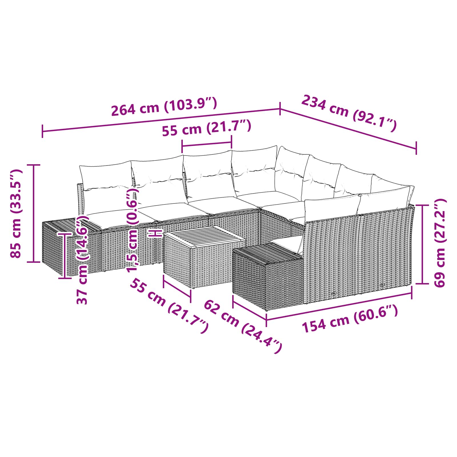 Tuinbankenset met kussen 9 pcs Zwart poly rattan – afbeelding 9