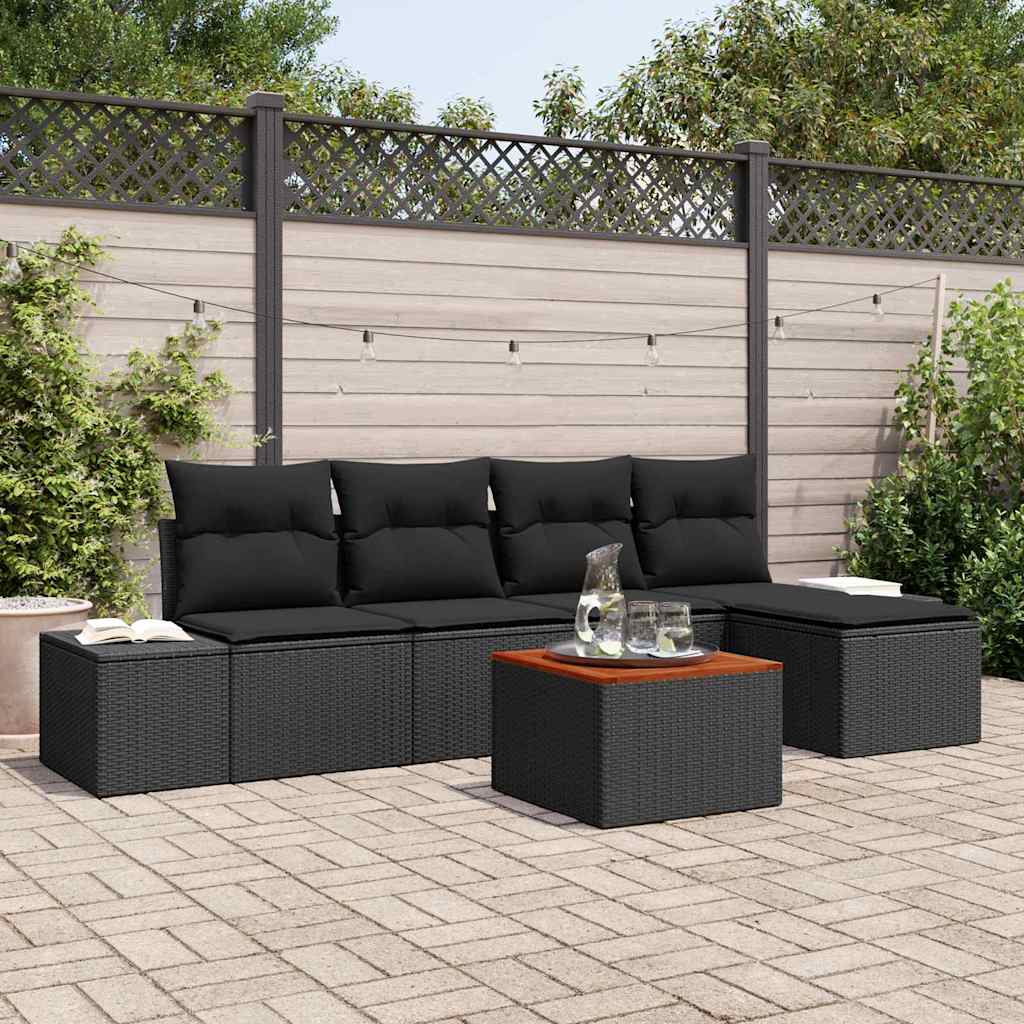 Tuinbankenset met kussen 6 pcs Zwart poly rattan – afbeelding 1