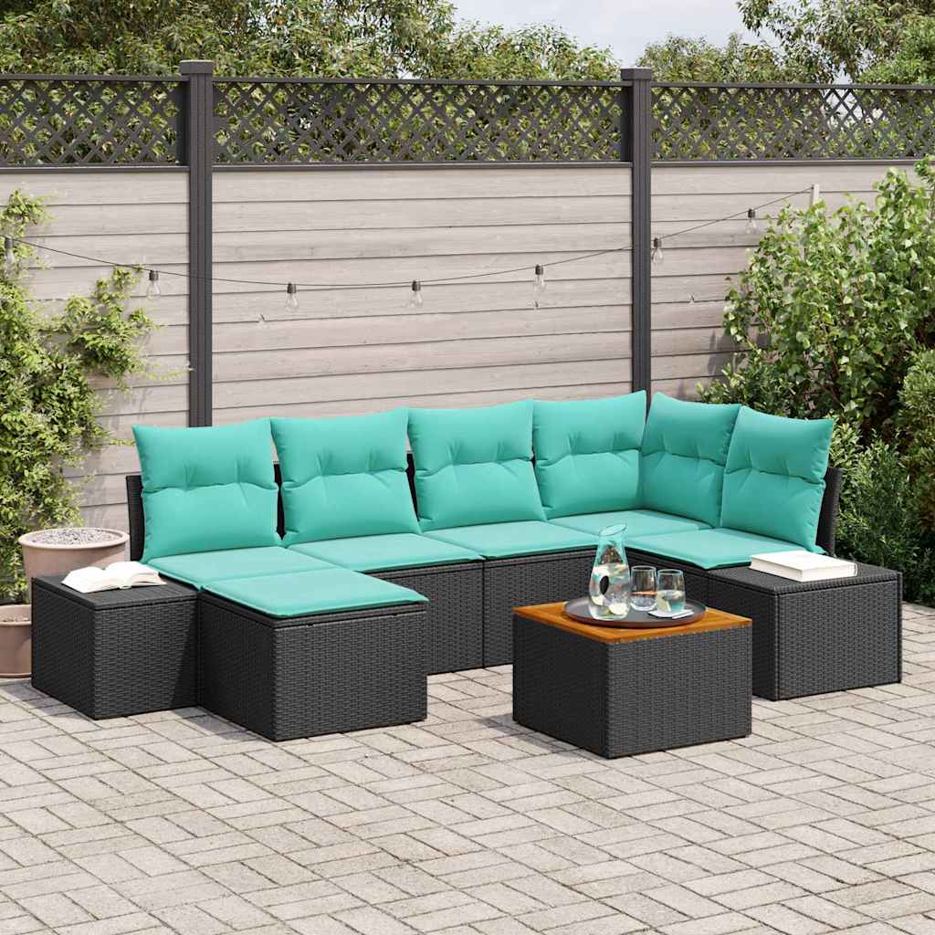 Tuinbankenset met kussen 7 pcs Zwart poly rattan – afbeelding 1