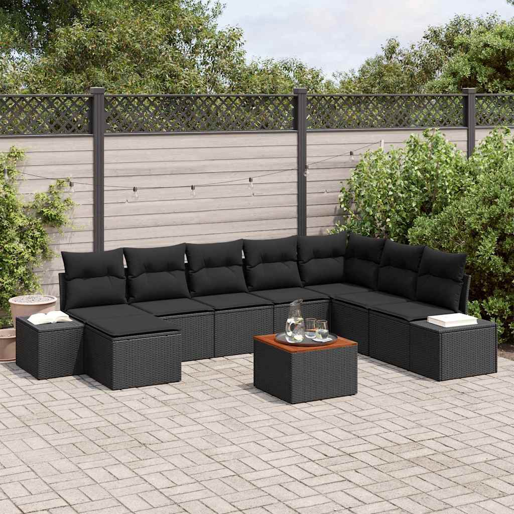 Tuinbankenset met kussen 9 pcs Zwart poly rattan – afbeelding 1
